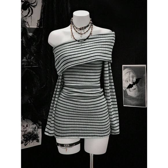Emo Egirl E-girl Y2k Asymmetrical Shoulder Bodycon Gray Strip Dress XS, S, M, L - Picture 1 of 5